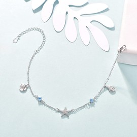 KINGWHYTE Star Bracelets for Women, 925 Sterling Silver Ocean Starfish Conch Shell Charm Bracelets, Adjustable Friendship Link Bracelet Jewelry