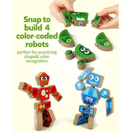 Coogam Snap Together Robot Builders for Toddlers, Wooden Take Apart Robot Build Block Playset, Fine Motor Skill STEM Educational Montessori Toy Gift for 3 4 5 Years Old Kids