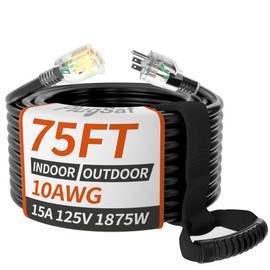 75ft 10 Gauge Outdoor Extension Cord Waterproof with Lighted Indicator,10 AWG SJTW Heavy Duty 15Amp 1875W,3 Prong Cords Flexible Copper Black ETL Listed