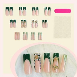 Long Press on Nails Square Green French Tip Fake Nails with Gold 3D Butterfly Rhinestone Design Glue on Nails Glossy Acrylic Artificial Nails Full Cover Stick on Nails for Women 24 Pcs