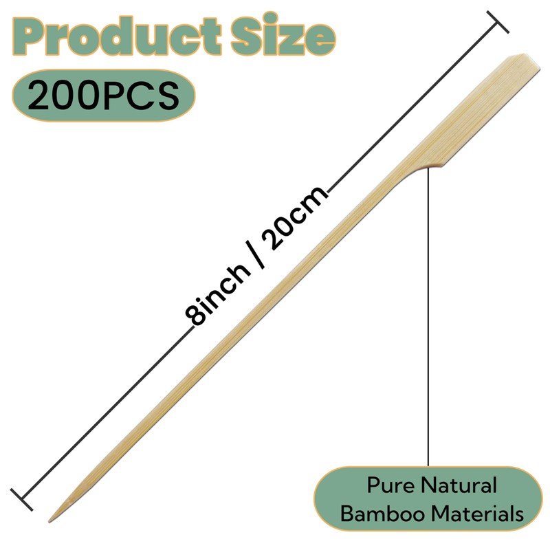 XMZY 8 Inch Bamboo Skewers 200 PCS Kabob Skewers Grilling