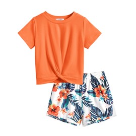 Arshiner Girl's Short Sleeve 2Pcs Solid Color Twist Crop Top and Floral Print Shorts Set Summer Outfits 7-8 Years Orange