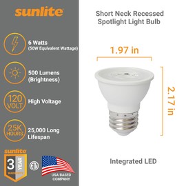 Sunlite LED PAR16 Dimmable, Short Neck Recessed Spotlight Light Bulb, 7-Watt, (50W Halogen Replacement) 500 Lumens, Medium E26 Base, ETL Listed, 12 Count, 4000K Cool White