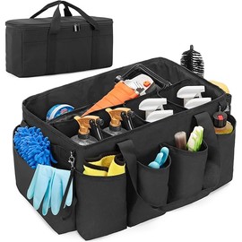 Detailing Bag with Polisher Carry Bag, Large Detail Bag Car Care Box for Auto Detailing Supplies, Car Wash Caddy & Trunk Organizer for Buffer Bottle Towel & Cleaning Kit, Black, Patent Design