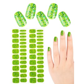 48 Pcs No UV Light Needed Self-Adhesive Semi Cured Stick on Nail Polish Strips, Gel Nail Art Design Stickers Wraps for Women with Nail Files (Green)(Green)