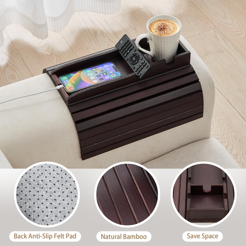 GEHE Bamboo Couch Cup Holder, Anti-Spill Sofa Arm Tray, Natural