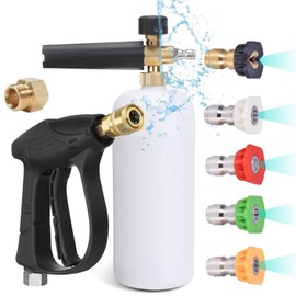 Short Pressure Washer Gun with Foam Cannon, 1/4 Inch Quick Connector, with 5 Pressure Washer Nozzle Tips and Holder, Jet Wash Gun 4350 PSI, 1 Liter