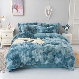 chovy Faux Fur Tie-Dyed Blue White Colorful Comforter Sets Queen - 3PC Bed Set Ultra Soft Plush Flannel Velvet Fluffy Fuzzy Bedding（Comforter x 1 Pillowcases x 2）