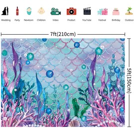 2.1 x 1.5 m Photo Background Mermaid Under the Sea Purple Coral Beads Photography Background Girl Princess Little Mermaid Birthday Party Decorations Banner Photo Studio Props