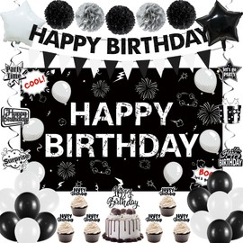 Holkcog Black Birthday Decorations for Men, Black and White Happy Birthday Banner Decorations, Happy Party Time Decor Women Party Supplies,Background Balloons, Tissue Pompoms, Let’s Go Party Supply