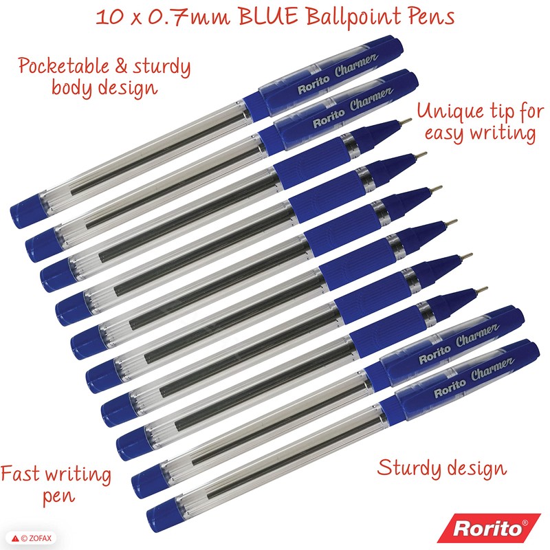 rorito 10 x Charmer BLUE 0.7mm Tip Ballpoint Pens Soft