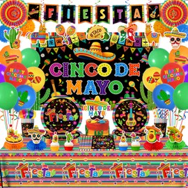 Cinco De Mayo Decorations - 203Pcs Fiesta Party Supplies Include Backdrop,Tablecloth, Plates, Napkins and Balloons Mexican Themed Decorations for Party