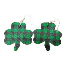 St Patrick's Day Plaid Shamrock Earrings Irish Drop Ear Rings with Clovers Ladies Green and Black Fashion Accessory, Metal, No Gemstone