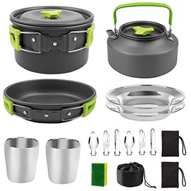 Utensilios Cocina Camping, Sebami Camping Cookware Outdoor Kit de utensilios de cocina de camping juego de ollas Juego de vajilla 2-3 personas ollas de aluminio para traveling Trekking Camping (Verde)