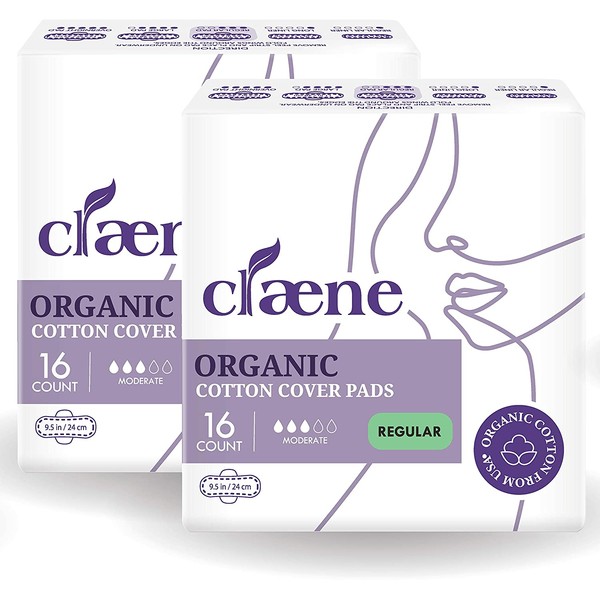Claene Organic Cotton Cover Pads, Cruelty-Free, Menstrual Regular Pads for Women, Unscented, Breathable, Vegan, Natural Sanitary Napkins with Wings (Regular, 2Pack, Total 32)