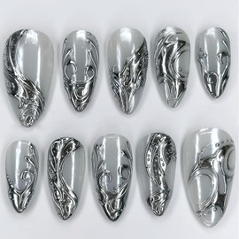 Silver Press on Nails Medium Almond Fake Nails Metal Chrome False Nails Gothic Stripes Line Acrylic Nails Reusable Artificial Nail 3D Full Cover Stick on Nail for Women Girls Manicure Art Decoration
