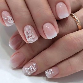 Ceboic Pack of 24 Press on Nails Square Short French White Flowers Artificial Nails Glossy Ballerina False Nails, Pink Gradient False Nails for Sticking on for Women and Girls