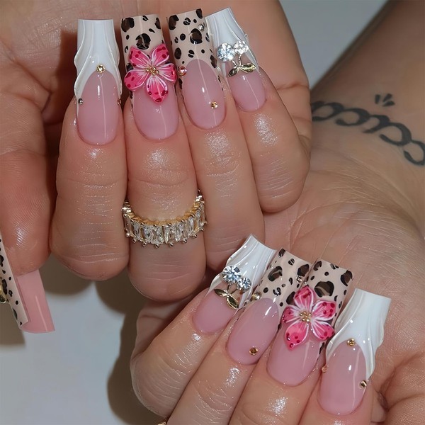 Jremg Leopard Print Press on Nails Long Square Fake Nails