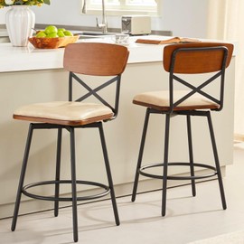 MILCIL Swivel Counter Height Bar Stools Set of 2, Upholstered Barstools with Back for Kitchen Island, 26" Seat Height, Solid Wood Frame & Metal, Faux Leather Ivory