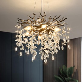 EGM Black Tree Branch Crystal Chandelier, 18 Inch Modern Dining Room Crystal Chandelier 6-Light(E12), Hanging Round Chandeliers for Living Room Bedroom Foyer