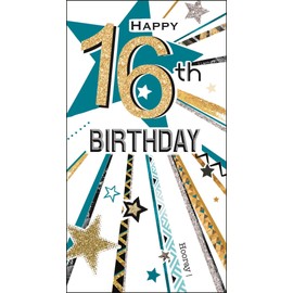 Jonny Javelin Boys 16th Birthday Card - Age 16 - Star Burst Embossed with Foil and Flitter Details