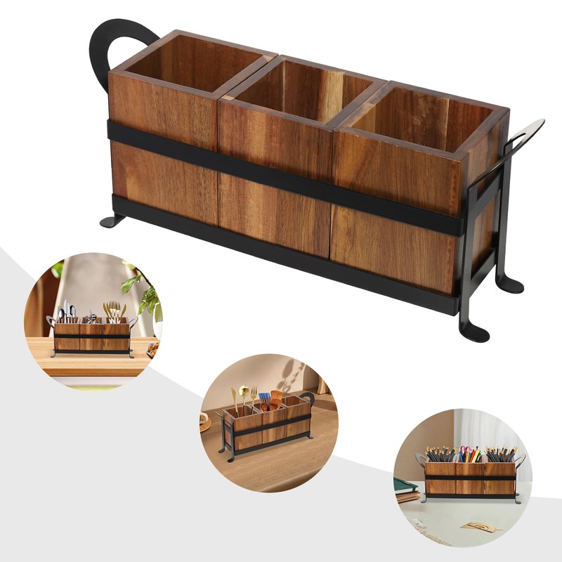 LENJKYYO Wooden Cutlery Organizer Utensil Crock Flatware Holder Countertop Silverware