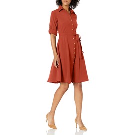 Sharagano Women's Button Front Pleated Shirt Casual Dress, Arabian Spice, 14