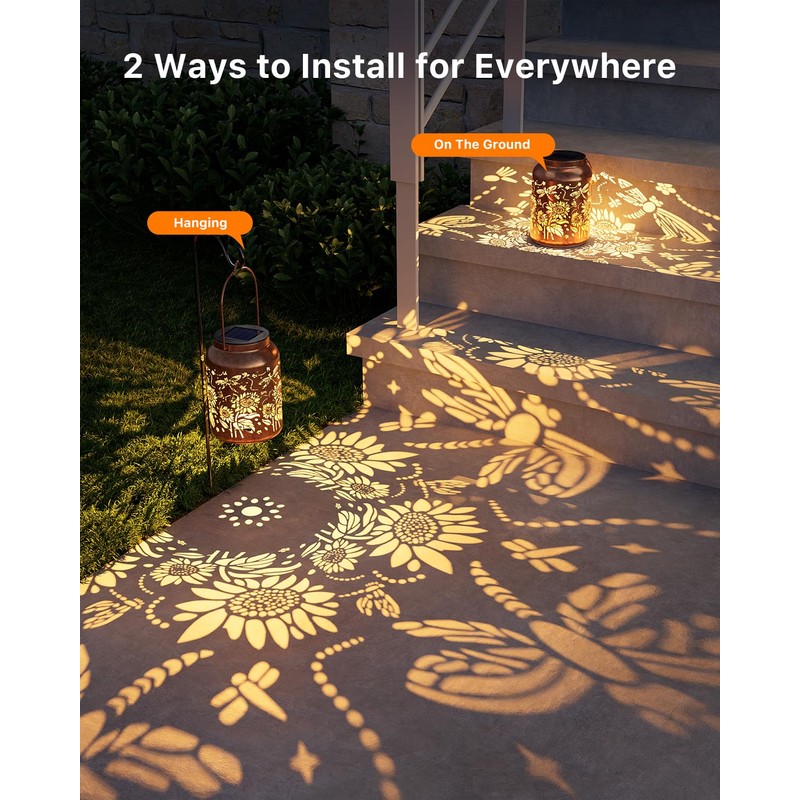 Exteriores Solar Power Lantern Hanging Waterproof Dragonfly Sunflower Light