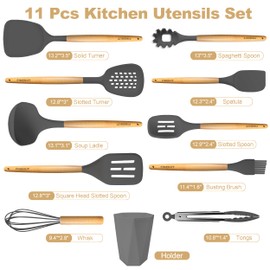 Silicone Cooking Utensils Set 11PCS - BPA-Free & Non-Toxic 446°F Heat Resistant, Wooden Handle Kitchen Tools for Nonstick Cookware, Heat Resistant & Scratch-Proof Includes Spatula/Turner/Ladle (Gray)