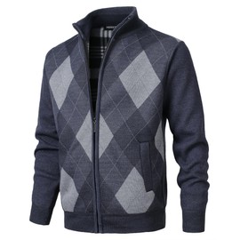 Herothorn Men's Argyle Cardigan Classic Full Zip Diamond Knitwear Fleece Lined Jumper Fine Knit Sweater with Pockets for Autumn Winter Black