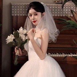 Voddkis Bridal Wedding Short Veil Women's White Pearl Hair Bow Veils with Barrette Tulle or Wedding Bachelorette Party for Women and Girls