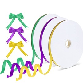 Velvet Ribbon for Gift Wrapping Christmas Tree, Satin Ribbon 3 Rolls 3/8 Inch x 100 Yards Double Faced Polyester Satin Ribbon Green Purple Golden Satin Ribbon Spools for Mardi Gras