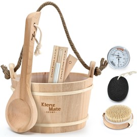 6 Pcs Sauna Accessories Bucket and Ladle Set, Thermo-Hygrometer, Sauna Hourglass, Brush, Exfoliating Volcanic Rocks, Sauna Set Combo, Wooden Sauna Bucket, 1 Gallon (4 L) Water Capacity, Handmade