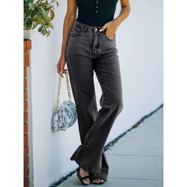 Anna-Kaci Women's Classic Boyfriend Split Jeans High Waist Wide Leg Denim Pants with Pockets, Black, Large