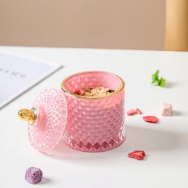 EVEREST GLOBAL European Glass Storage Jar Candy Jar with Cover Sugar Cans Candy Dish with Lid Diamond Candy Box Decorative Jewelry Jar (Pink, D 3.35" H 5.12")