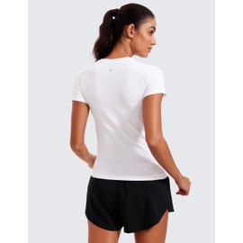 CRZ YOGA Seamless Workout Tops for Women Short Sleeve Athletic Tees Breathable Gym Running Yoga Tshirts Shirts White Medium