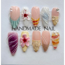 Flowers Press on Nails Medium Almond Fake Nails，Handmade Summer Beach 3D Floral Acrylic False Nails with Seashell Designs on Nails for Women Girls Manicure Art Decoration &M
