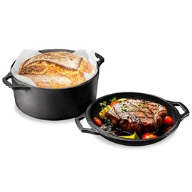 NutriChef Cast Iron Multi Cooker - Pre-Seasoned Non-Stick Double Dutch Oven Stovetop Casserole Cookware Braising Pot and Skillet Lid with Handle- For Oven, Stove, Grill, Over a Campfire Cooking