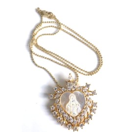 Miraculous Medal Rhinestone Heart Shell Pendant 18k Gold Plated Ball Chain 17.5 Inches Necklace