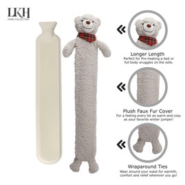 ADEPTNA Extra Long Hot Water Bottle with Sherpa Animal Character with Soft Plush Faux Fur Cover - Soft Comfortable Safe and Keep Warm