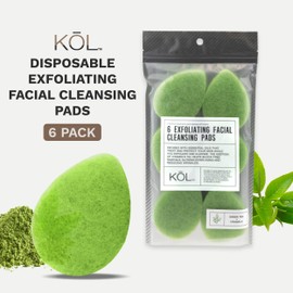 KOL Face Scrubber, Green Tea Infused Exfoliating Facial Cleansing Pads, Disposable Exfoliator Face Sponge for Daily Face Cleaning and Makeup Removal, 6 Count