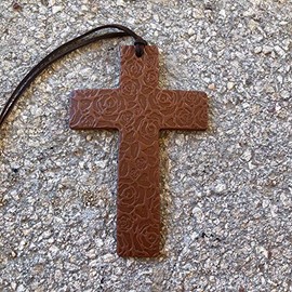 Air Flair | Leather Car Air Freshener | Cross | Rose Pattern (Brown, Butt Naked Scent)