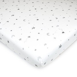 American Baby Company 100% Natural Cotton Fitted Pack and Play Sheet 39" x 27" - Soft & Breathable Pack N Play Sheet for Playpen, Playard & Mini Crib Mattress, Grey Stars and Moons, for Boys & Girls