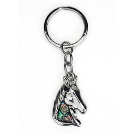 TEMPELWELT Keyring Horse Head 4.5 cm Silver Paua Shell Abalone Mother of Pearl Blue Green Pink Lucky Charm Key Ring