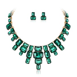 Flyonce Green Statement Necklace Set for Women, Vintage Rhinestone Crystal Art Deco Chunky Collar Necklaces Stud Earrings Costume Jewelry Sets