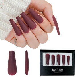 Jofay Fashion Press on Nails Long Coffin Solid Color Stick on Nails Wine Red Matte Full Cover Acrylic Fake Nails, Extra Long Reusable Salon Like False Nails with Glue (Dark Red)