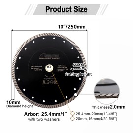 SHDIATOOL Diamond Turbo Blade 10 - Inch Super Thin Cutting Disc for Porcelain Ceramic Tile Granite Dia 250mm