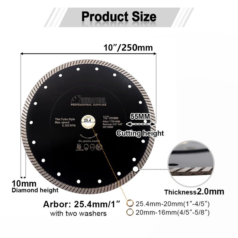 SHDIATOOL Diamond Turbo Blade 10 - Inch Super Thin Cutting