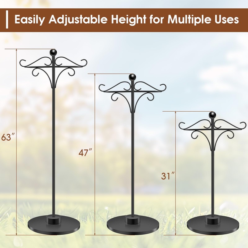 Adjustable Double Shepherd's Hook, 34-63 Inch Black Iron Stand for