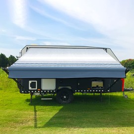 Suncode RV Awning Fabric Replacement Waterpoof Sun Shade Screen Universal Fit Camper Awning Replacement 16oz Vinyl RV Canopy Travel Trailer Awning Replacement 12 Feet Blue Stripes